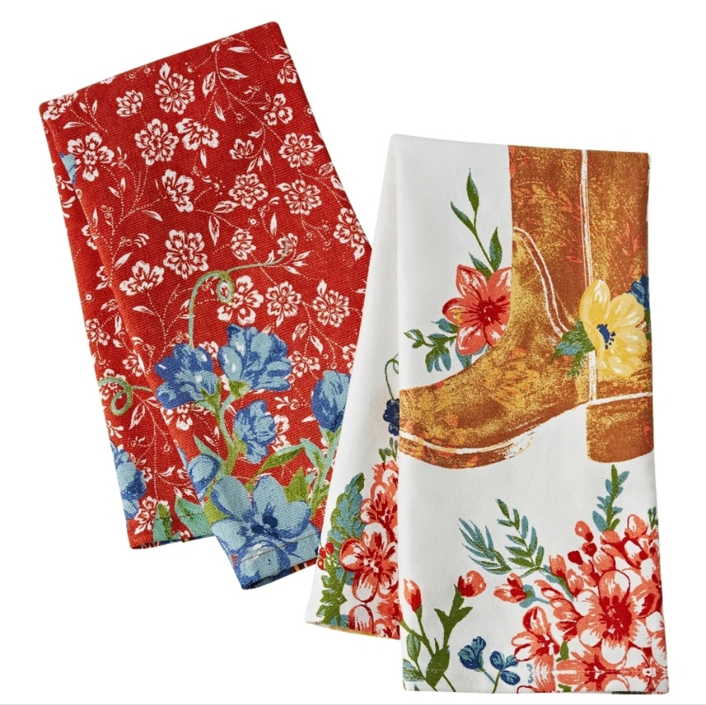 💜 New Pioneer Woman Ranch Floral and Boot Print Kitchen Towels
